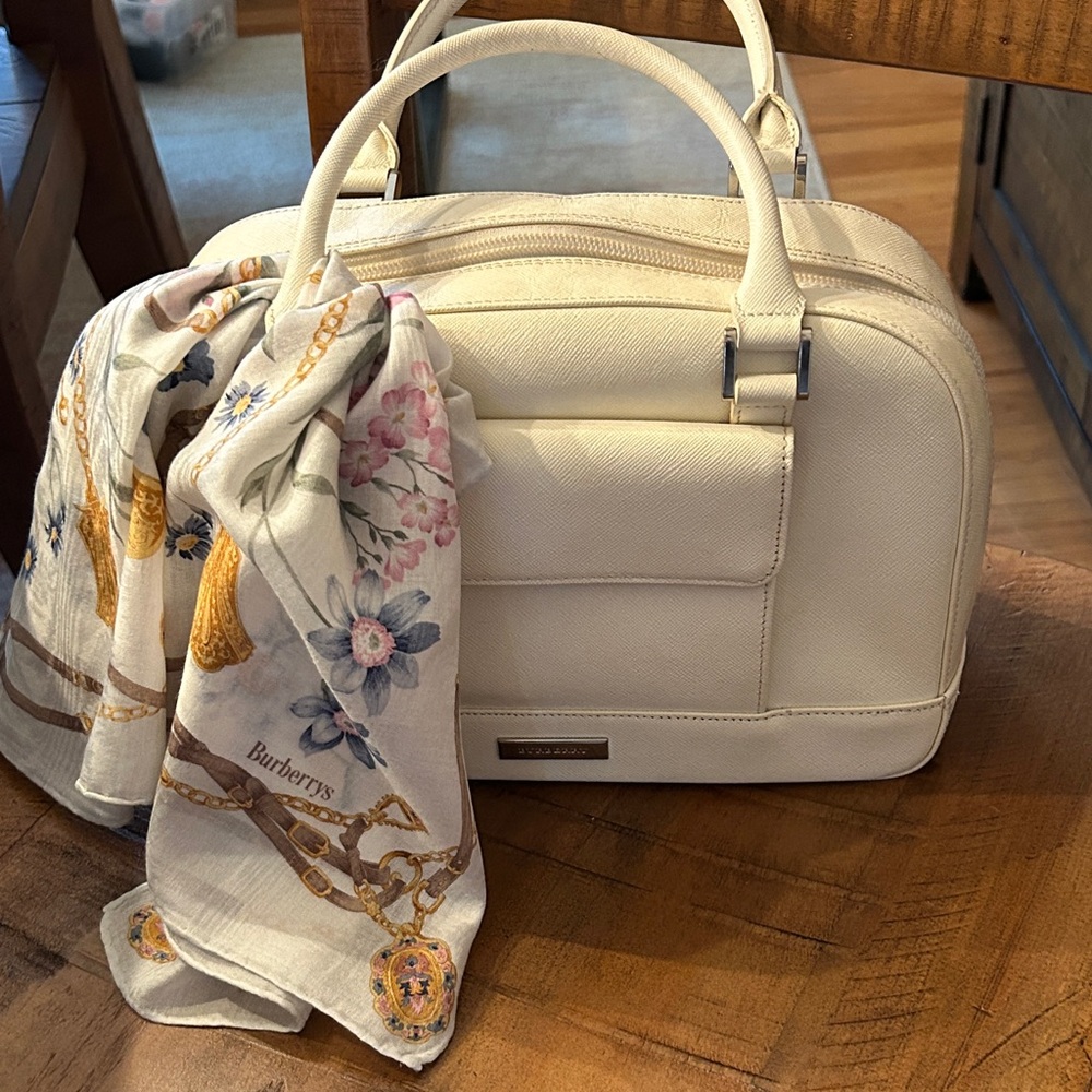 Burberry Cream Leather‎ Dome Satchel with Burberry Floral Scarf Accent